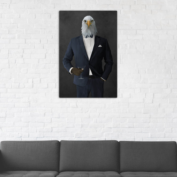 Bald eagle drinking martini wearing navy suit wall art in man cave