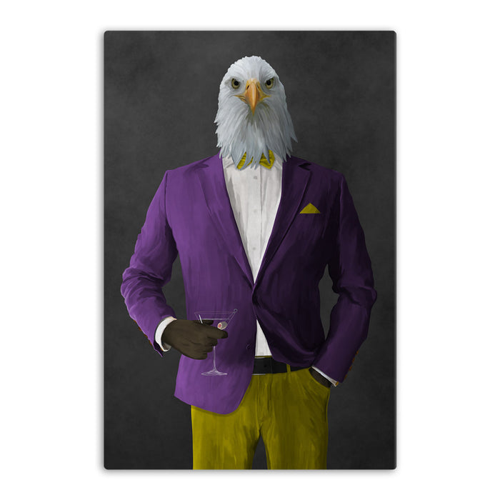 Bald eagle drinking martini wearing purple and yellow suit canvas wall art