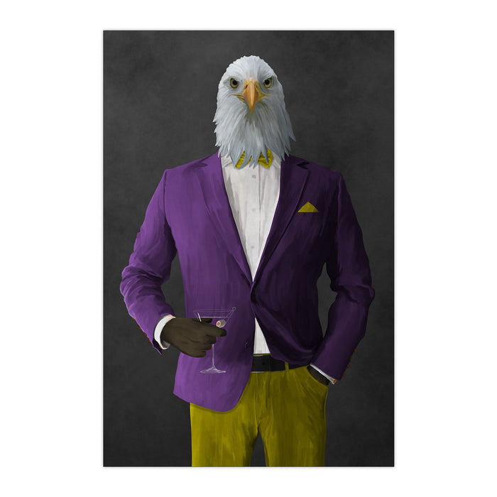 Bald eagle drinking martini wearing purple and yellow suit large wall art print