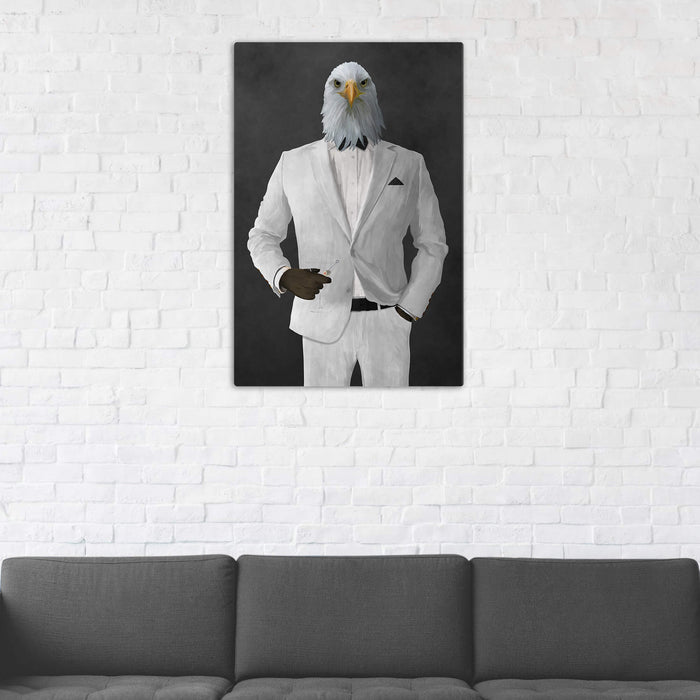 Bald eagle drinking martini wearing white suit wall art in man cave