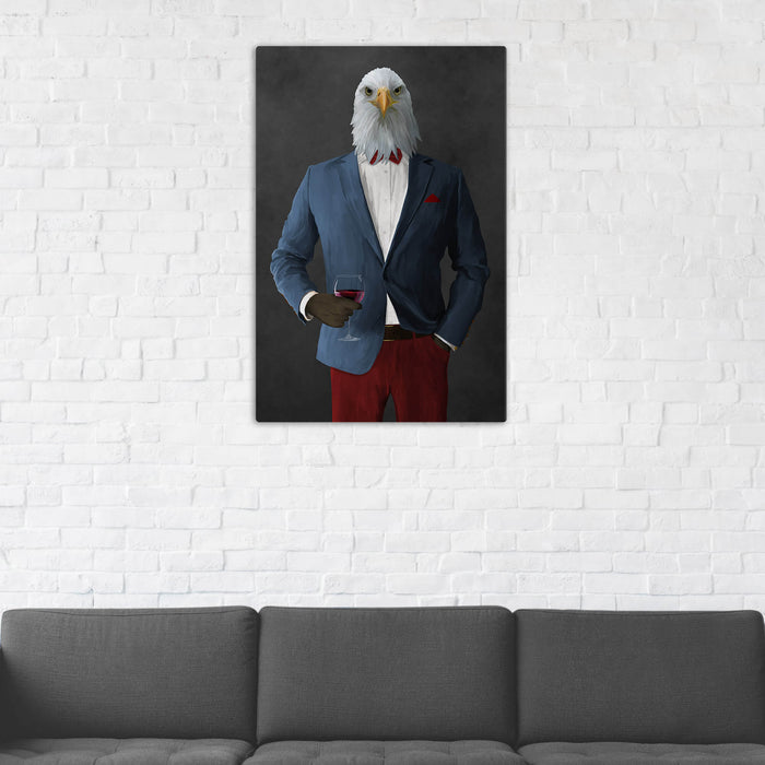 Bald eagle drinking red wine wearing blue and red suit wall art in man cave