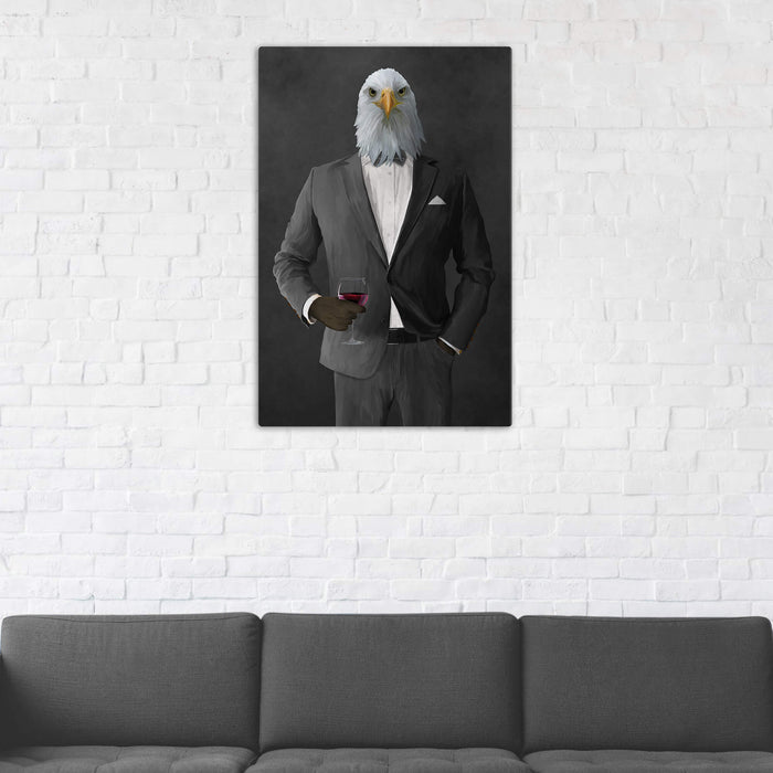 Bald eagle drinking red wine wearing gray suit wall art in man cave