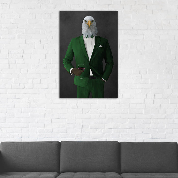 Bald eagle drinking red wine wearing green suit wall art in man cave