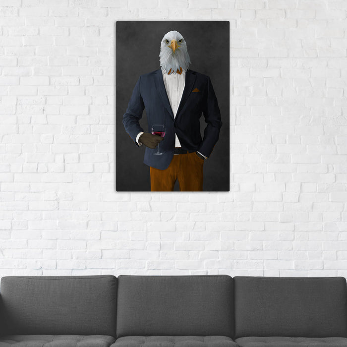 Bald eagle drinking red wine wearing navy and orange suit wall art in man cave