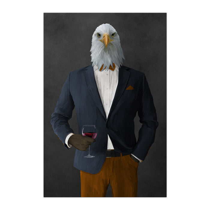 Bald eagle drinking red wine wearing navy and orange suit large wall art print