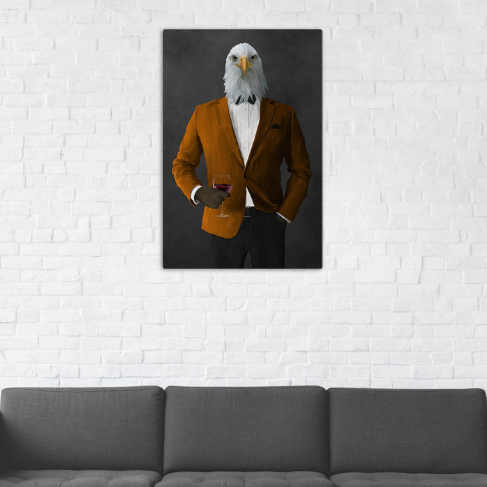Bald eagle drinking red wine wearing orange and black suit wall art in man cave