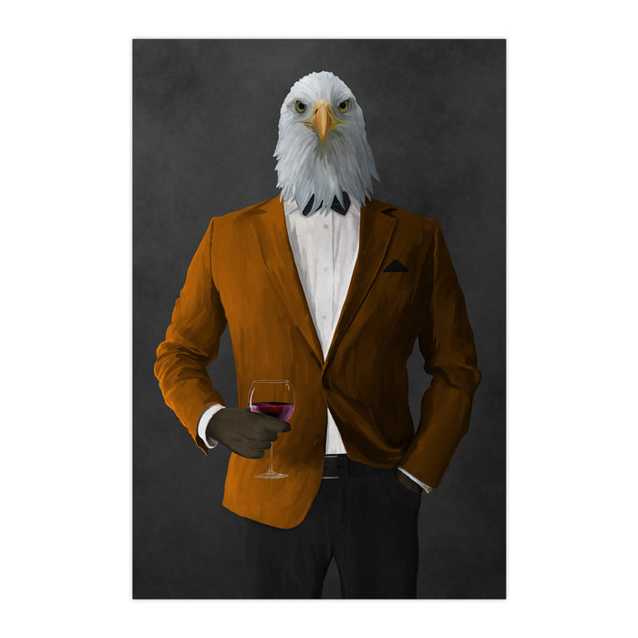 Bald eagle drinking red wine wearing orange and black suit large wall art print