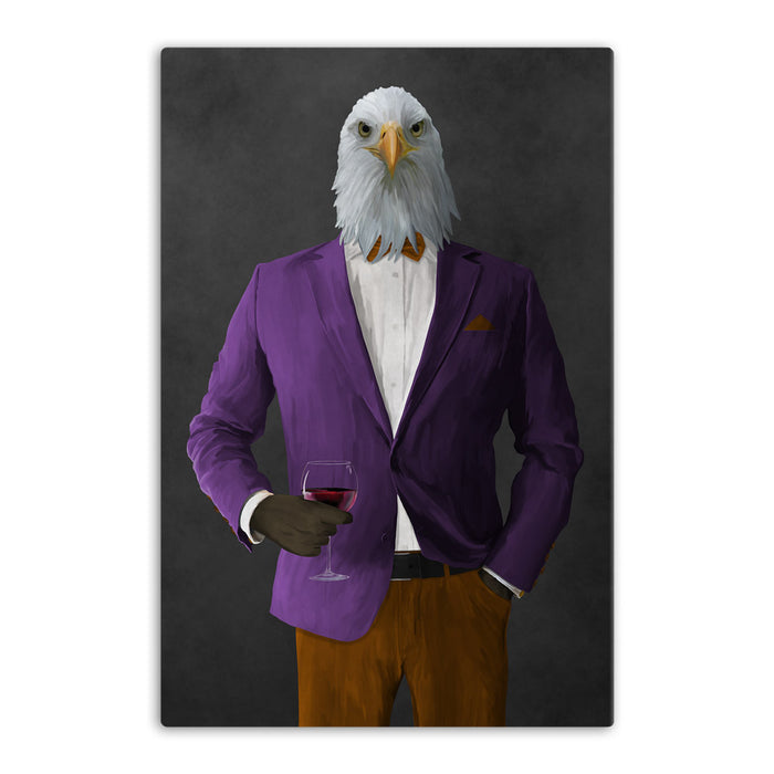 Bald eagle drinking red wine wearing purple and orange suit canvas wall art
