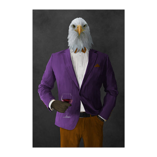 Bald eagle drinking red wine wearing purple and orange suit large wall art print
