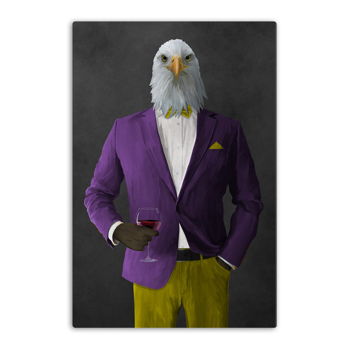 Bald eagle drinking red wine wearing purple and yellow suit canvas wall art