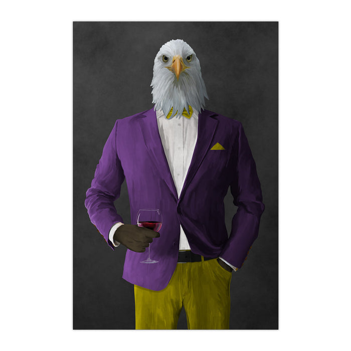 Bald eagle drinking red wine wearing purple and yellow suit large wall art print
