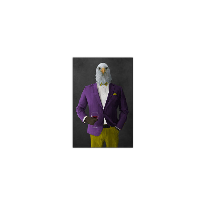 Bald eagle drinking red wine wearing purple and yellow suit small wall art print