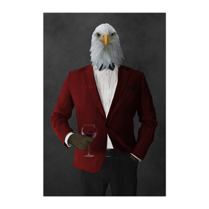 Bald eagle drinking red wine wearing red and black suit large wall art print