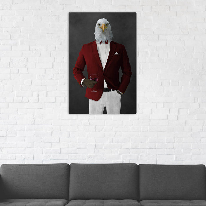 Bald eagle drinking red wine wearing red and white suit wall art in man cave
