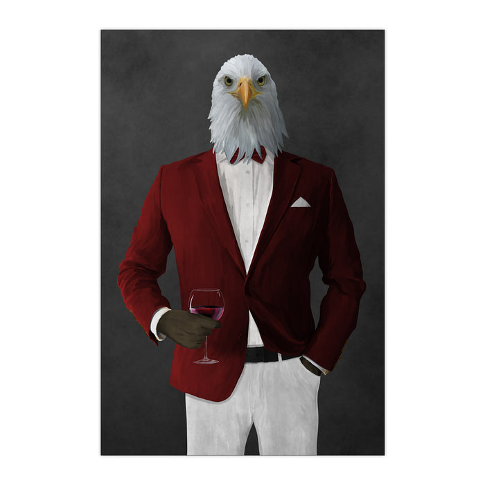 Bald eagle drinking red wine wearing red and white suit large wall art print