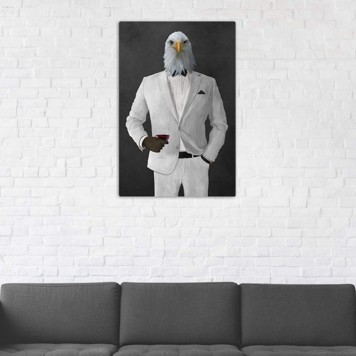 Bald eagle drinking red wine wearing white suit wall art in man cave