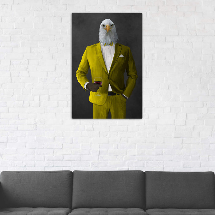 Bald eagle drinking red wine wearing yellow suit wall art in man cave