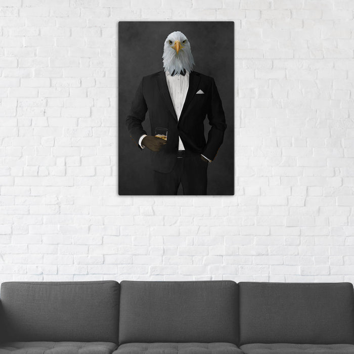 Bald eagle drinking whiskey wearing black suit wall art in man cave
