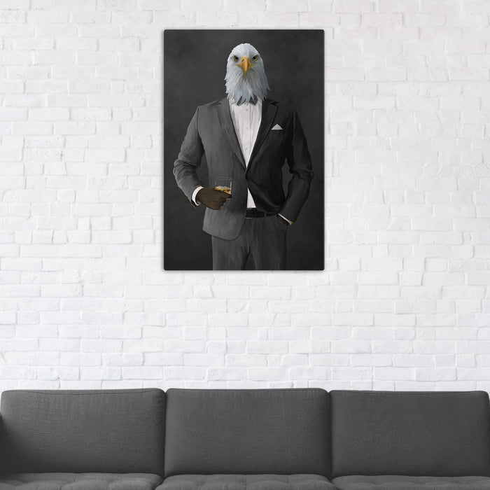 Bald eagle drinking whiskey wearing gray suit wall art in man cave