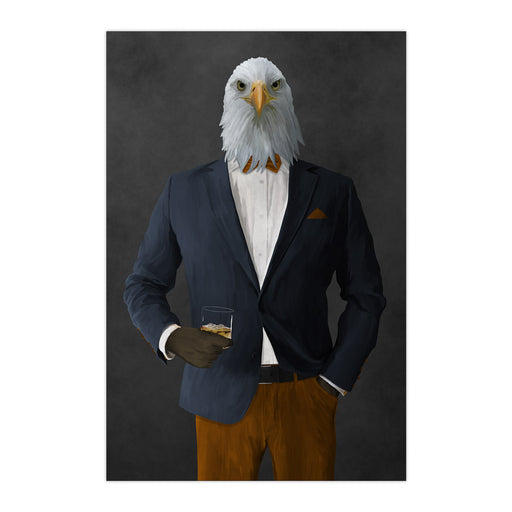 Bald eagle drinking whiskey wearing navy and orange suit large wall art print