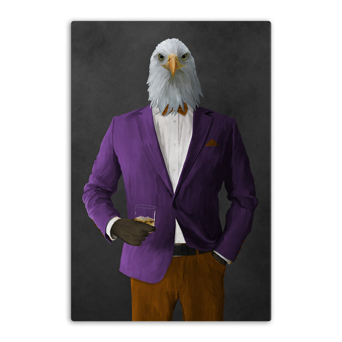 Bald eagle drinking whiskey wearing purple and orange suit canvas wall art
