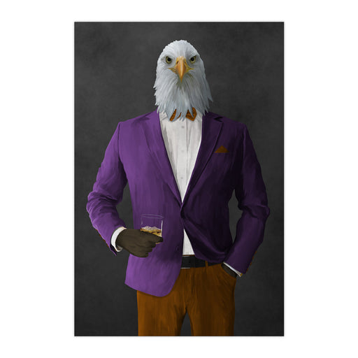 Bald eagle drinking whiskey wearing purple and orange suit large wall art print