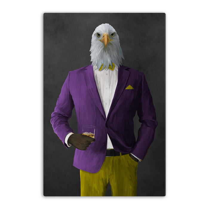 Bald eagle drinking whiskey wearing purple and yellow suit canvas wall art