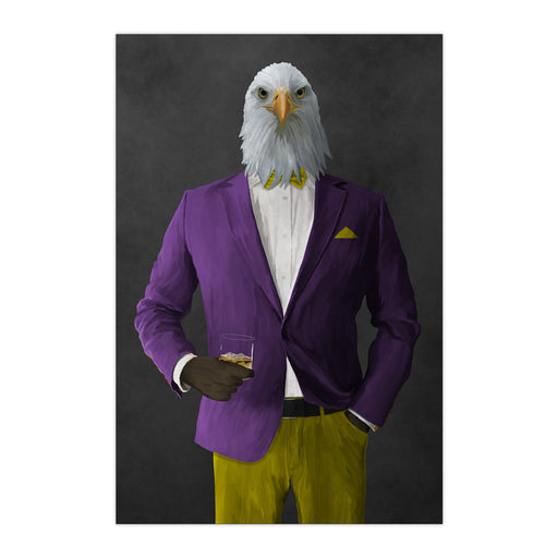 Bald eagle drinking whiskey wearing purple and yellow suit large wall art print
