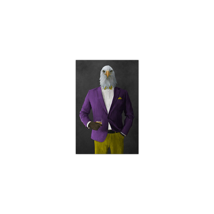 Bald eagle drinking whiskey wearing purple and yellow suit small wall art print