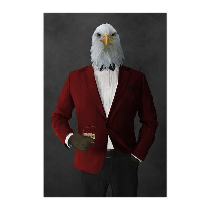 Bald eagle drinking whiskey wearing red and black suit large wall art print