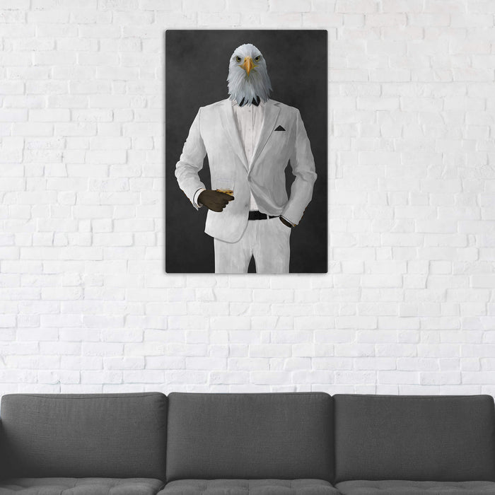Bald eagle drinking whiskey wearing white suit wall art in man cave