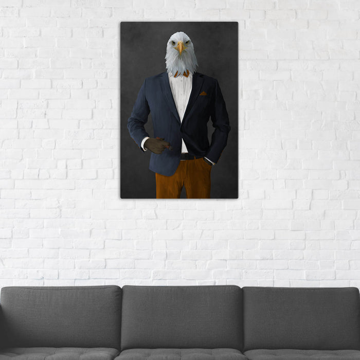 Bald eagle smoking cigar wearing navy and orange suit wall art in man cave