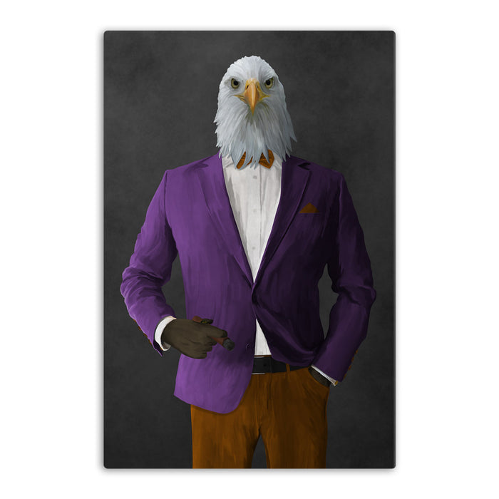 Bald eagle smoking cigar wearing purple and orange suit canvas wall art