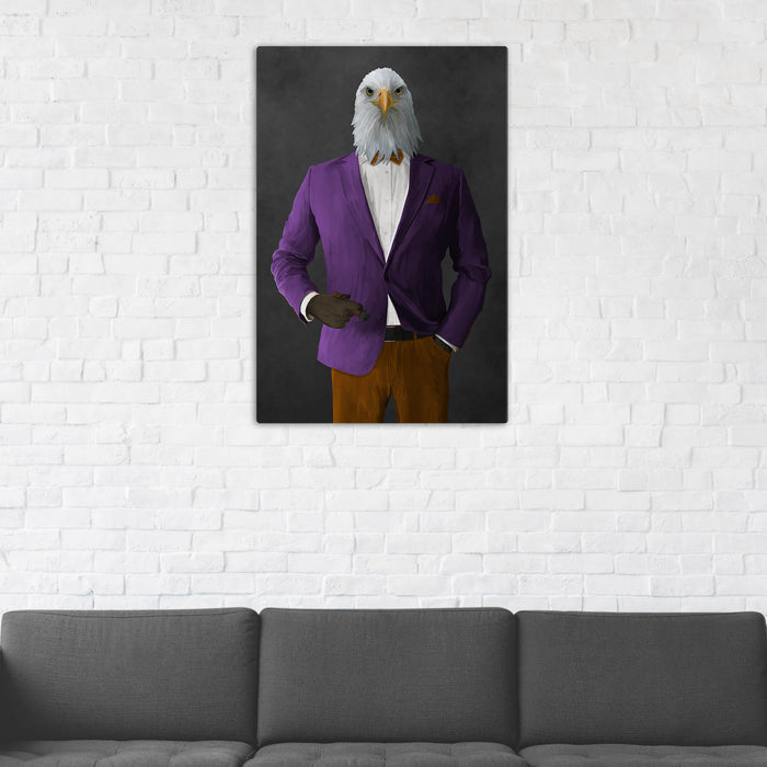 Bald eagle smoking cigar wearing purple and orange suit wall art in man cave