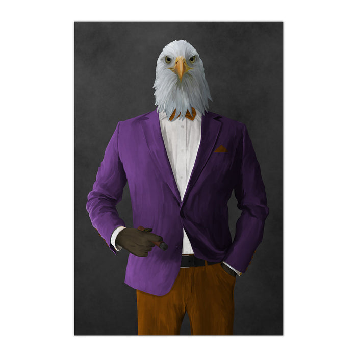 Bald eagle smoking cigar wearing purple and orange suit large wall art print