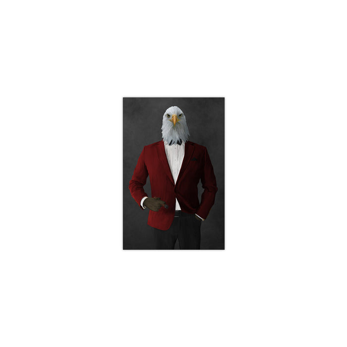 Bald eagle smoking cigar wearing red and black suit small wall art print