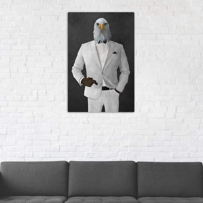Bald eagle smoking cigar wearing white suit wall art in man cave