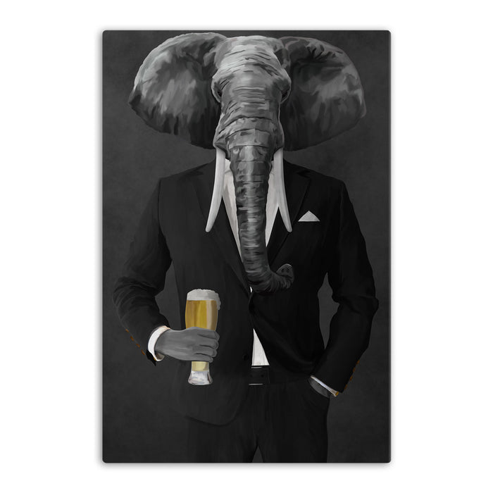 Elephant drinking beer wearing black suit canvas wall art