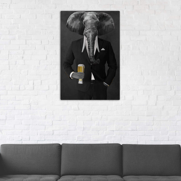 Elephant drinking beer wearing black suit wall art in man cave