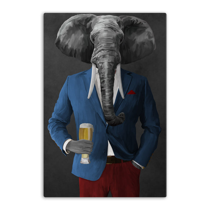 Elephant drinking beer wearing blue and red suit canvas wall art