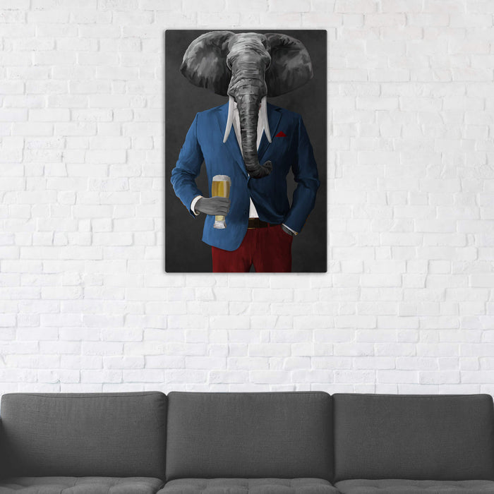 Elephant drinking beer wearing blue and red suit wall art in man cave