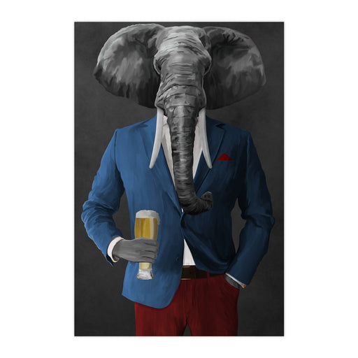 Elephant drinking beer wearing blue and red suit large wall art print