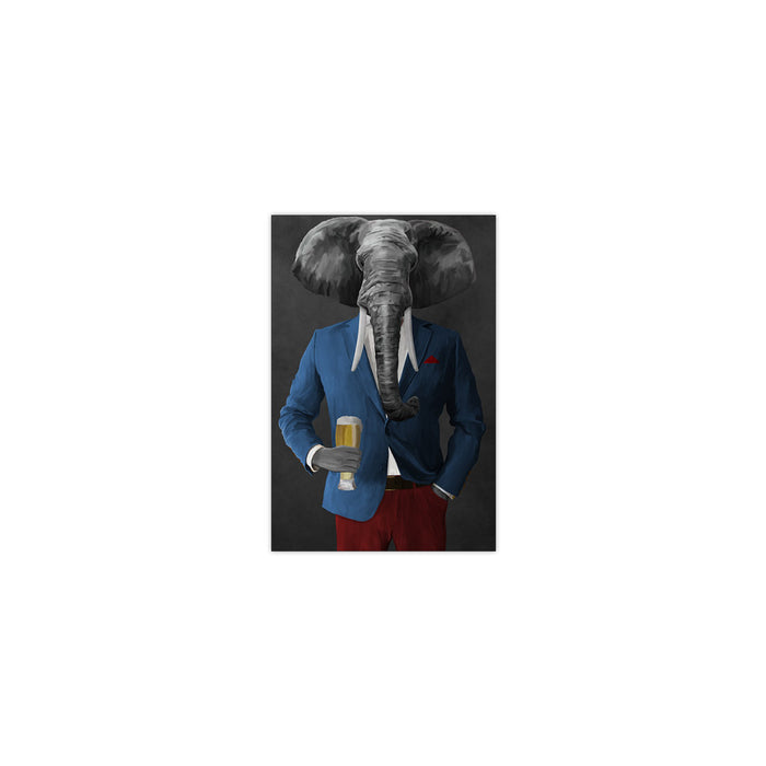 Elephant drinking beer wearing blue and red suit small wall art print