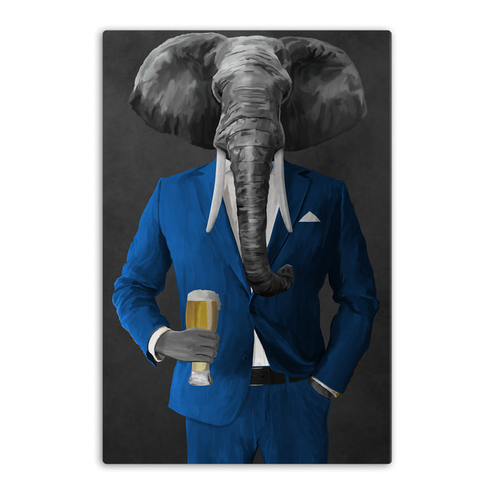 Elephant drinking beer wearing blue suit canvas wall art