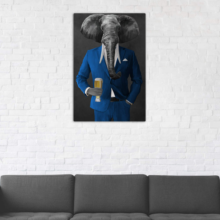Elephant drinking beer wearing blue suit wall art in man cave