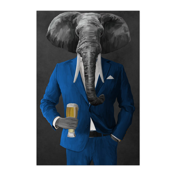 Elephant drinking beer wearing blue suit large wall art print