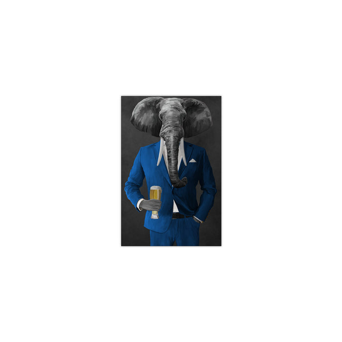 Elephant drinking beer wearing blue suit small wall art print