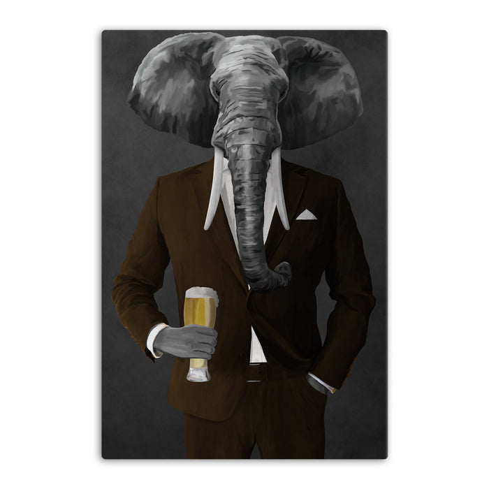 Elephant drinking beer wearing brown suit canvas wall art