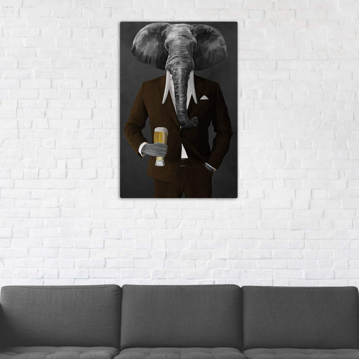 Elephant drinking beer wearing brown suit wall art in man cave