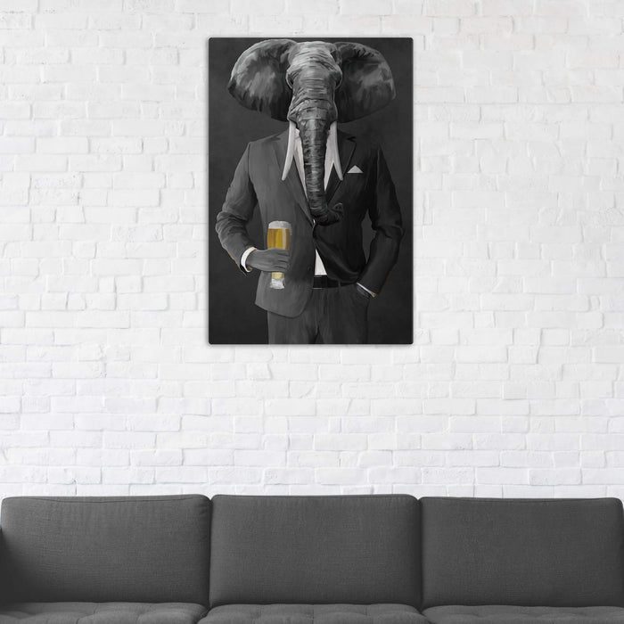 Elephant drinking beer wearing gray suit wall art in man cave